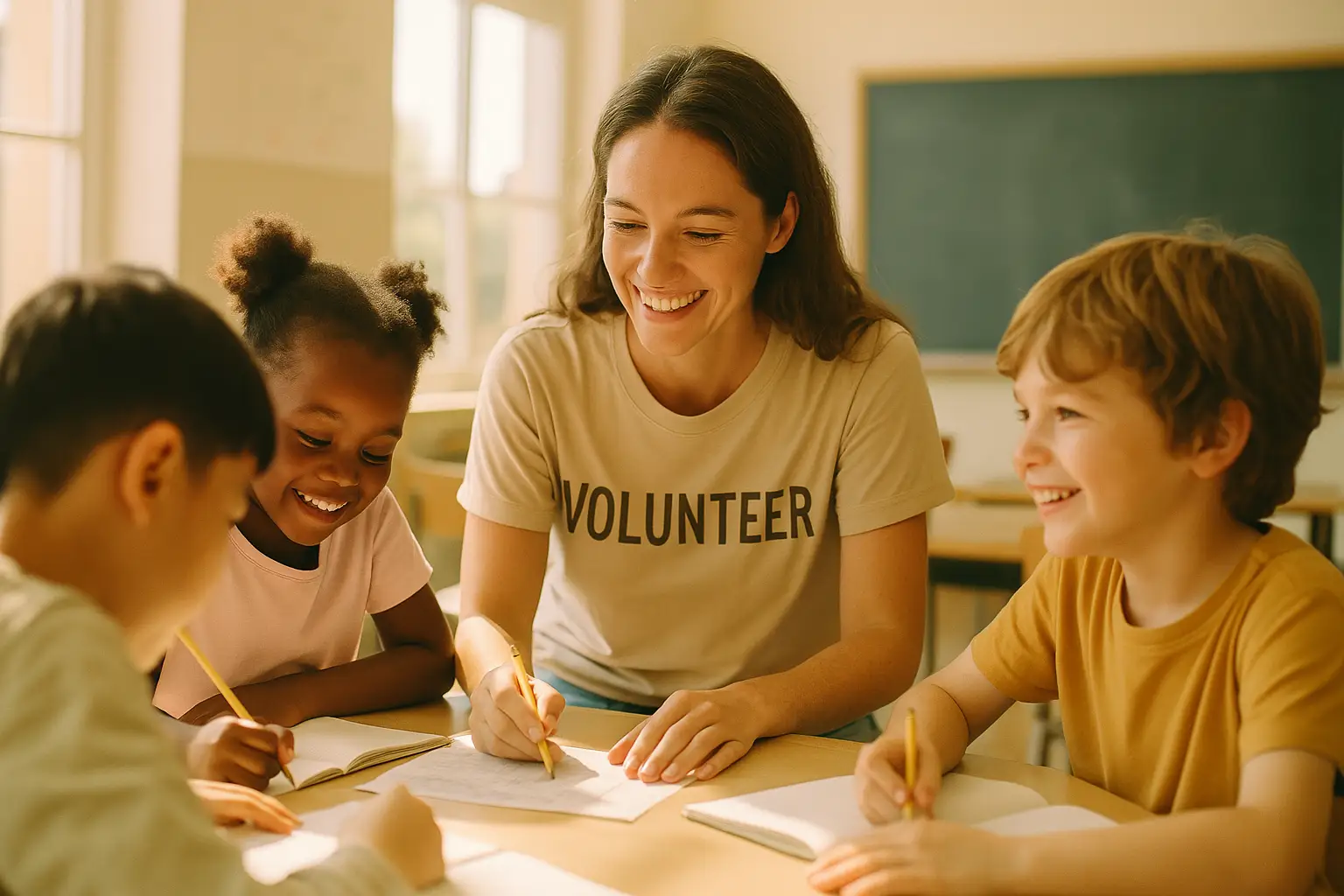 A passionate volunteer teaching children in a sunny classroom or helping distribute food at a community shelter. The image should convey a sense of purpose, joy, and human dignity. Medium depth of field, soft colors, candid natural expressions.