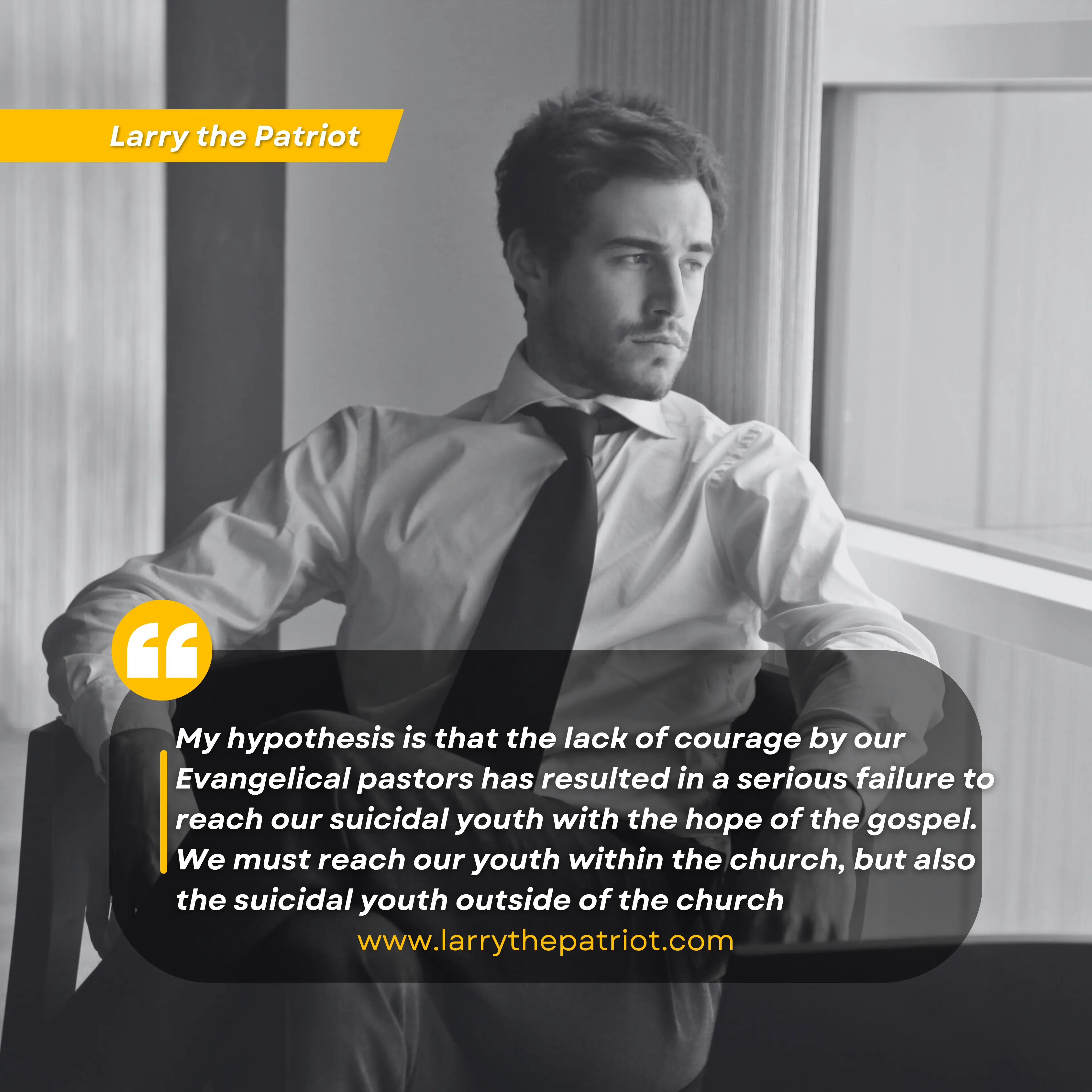 My hypothesis is that the lack of courage by our Evangelical pastors has resulted in a serious failure to reach our suicidal youth with the hope of the gospel. We must reach our youth within the church, but also the suicidal youth outside of the church